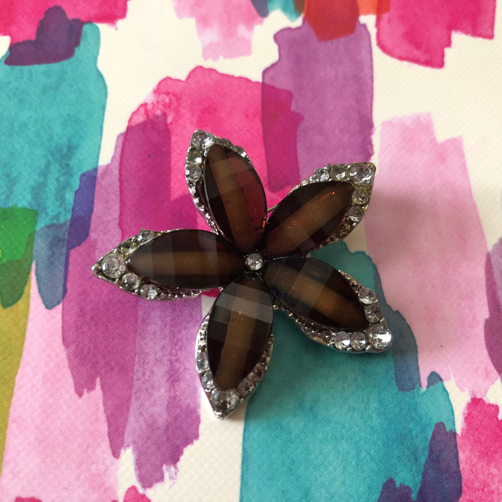 Brown Flower Brooch with Clear Stones